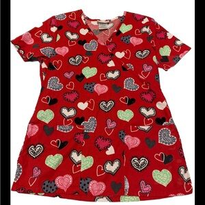 Scrub Star Scrub Top Red W Colorful Hearts V Neck Size XS